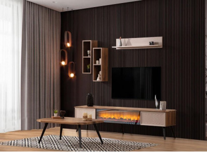 Elegant Unité murale de salon Cabinet TV design en bois Table basse 2x étagères